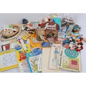 VTG Sewing Thread Spools Buttons Needles Safety Pins Ribbons 100+ Estate Lot